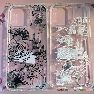 Set of 2 Floral Design Phone Case - Black and White (I Phone 16 Pro Max)